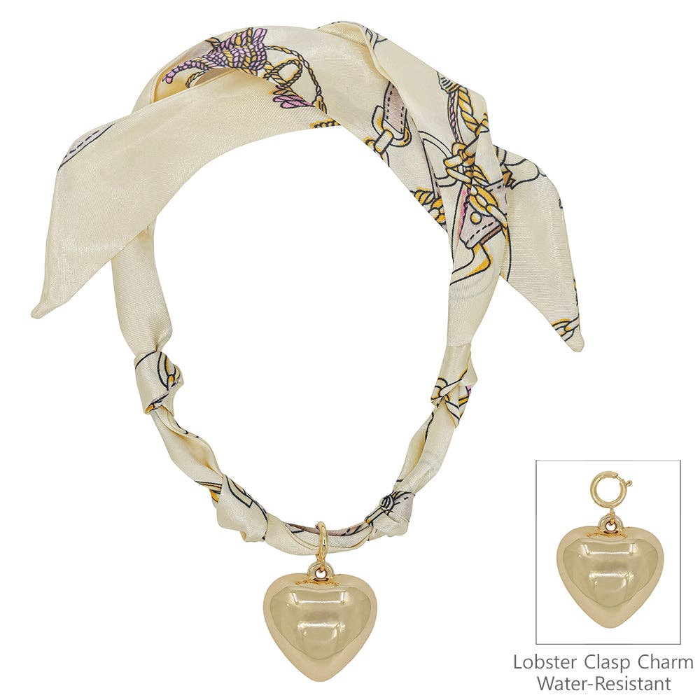 Cream/Neutral Knotted Scarf Necklace with Hammered 1" Puffy Heart Charm