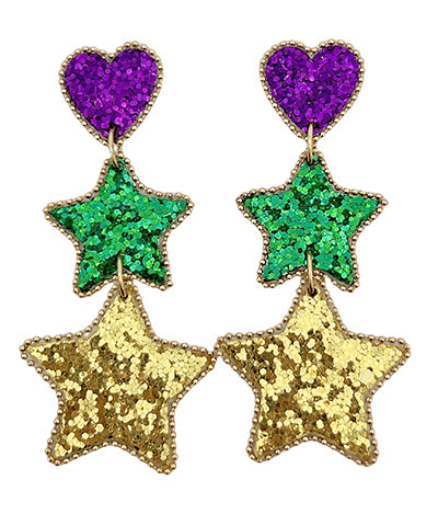 Mardi Gras Glitter 3 Drop Earrings
