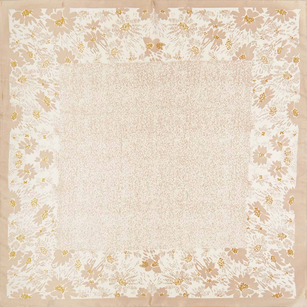 Abstract Floral Border Printed Square Silky Satin Bandana Scarf: Taupe