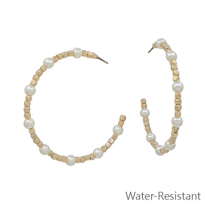 Water Resistant Gold Square Beaded and Pearl 2" Hoop Earring