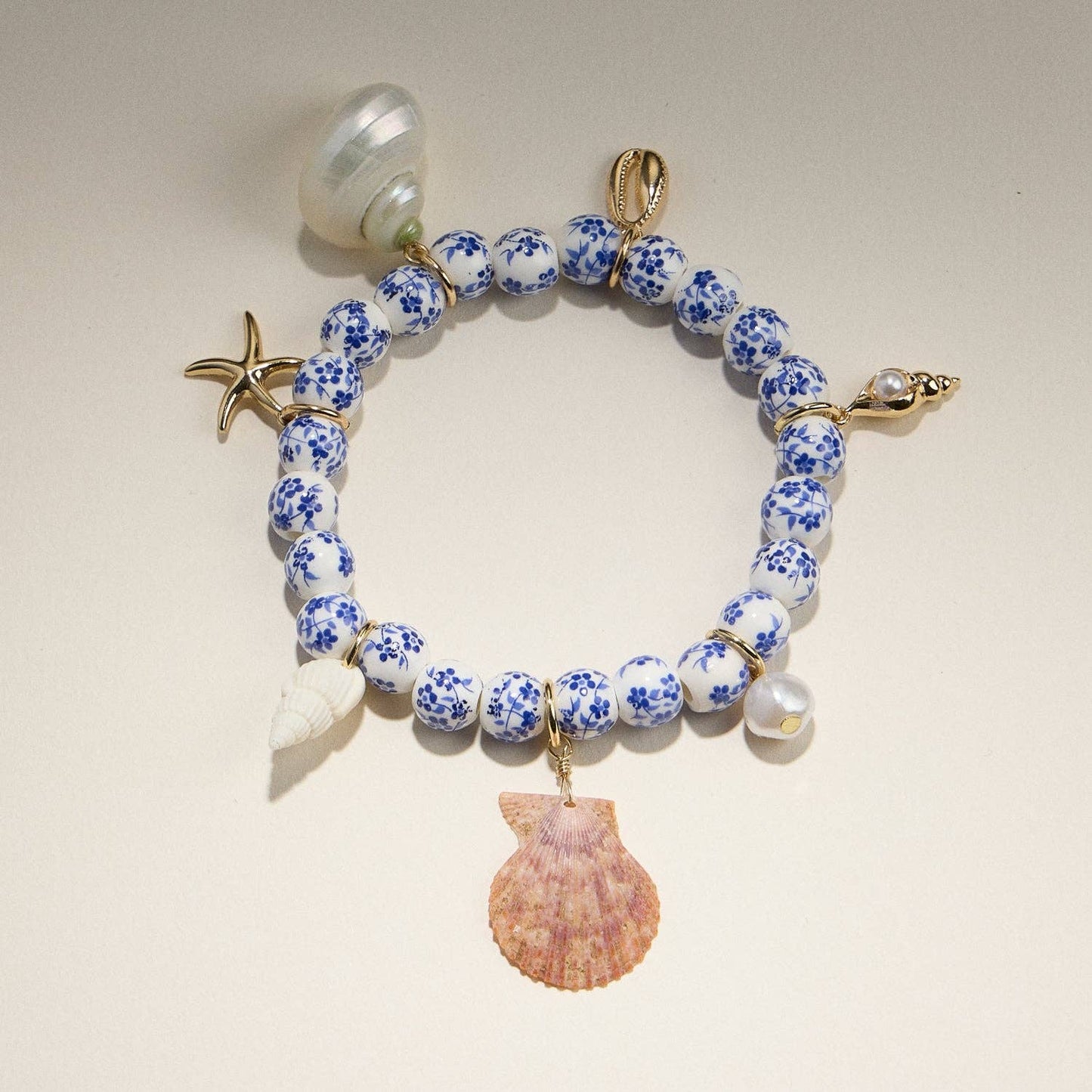 Floral Beaded Seashell Charm Bracelet