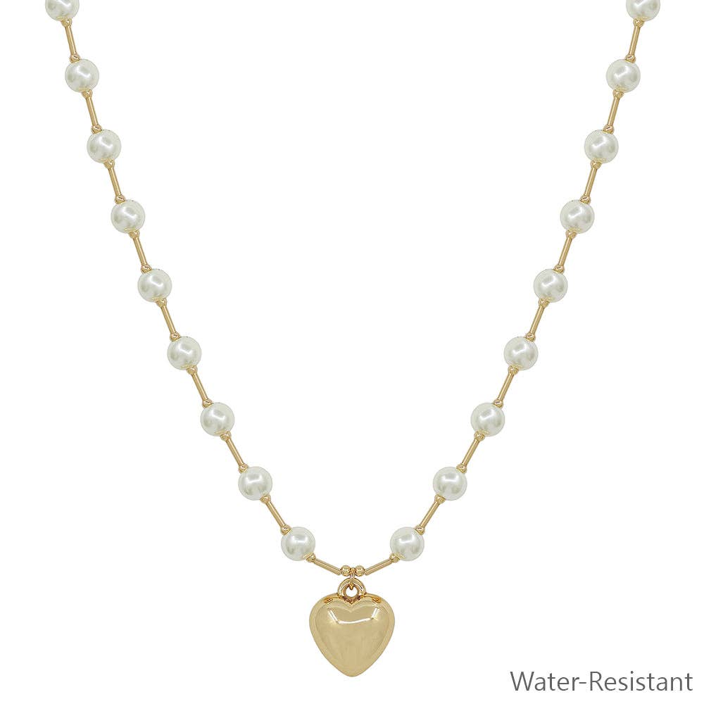 Water Resistant 6MM Pearl Beaded Chain with Puffy Heart 16"-18" Necklace