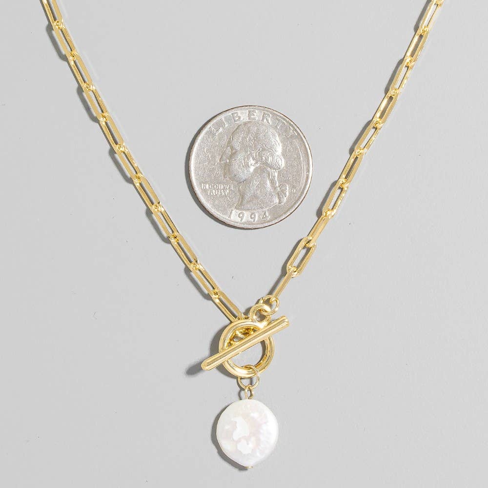 Toggle Chain Link Disc Pearl Charm Necklace