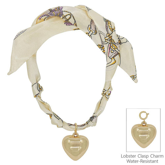 Cream/Neutral Knotted Scarf Necklace with Hammered 1" Puffy Heart Charm