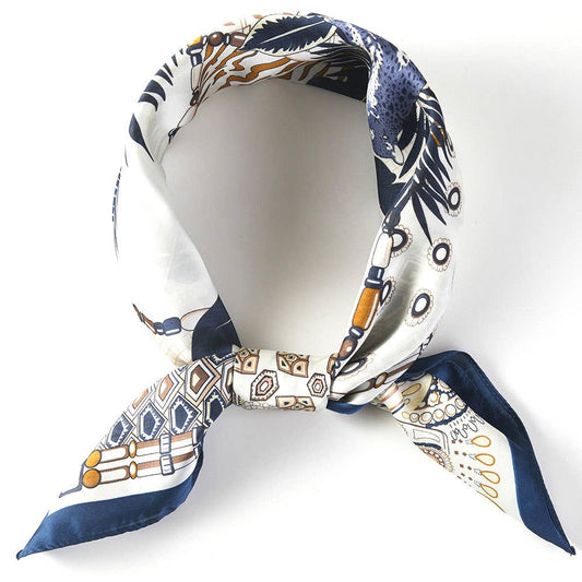 Abstract Tropical Palm Tree Leopard Pattern Printed Square Silky Satin Bandana Scarf: Navy