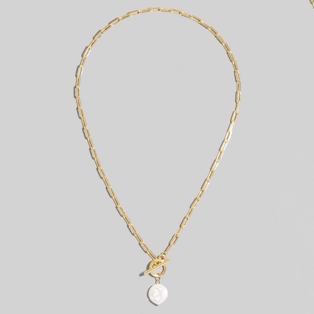 Toggle Chain Link Disc Pearl Charm Necklace