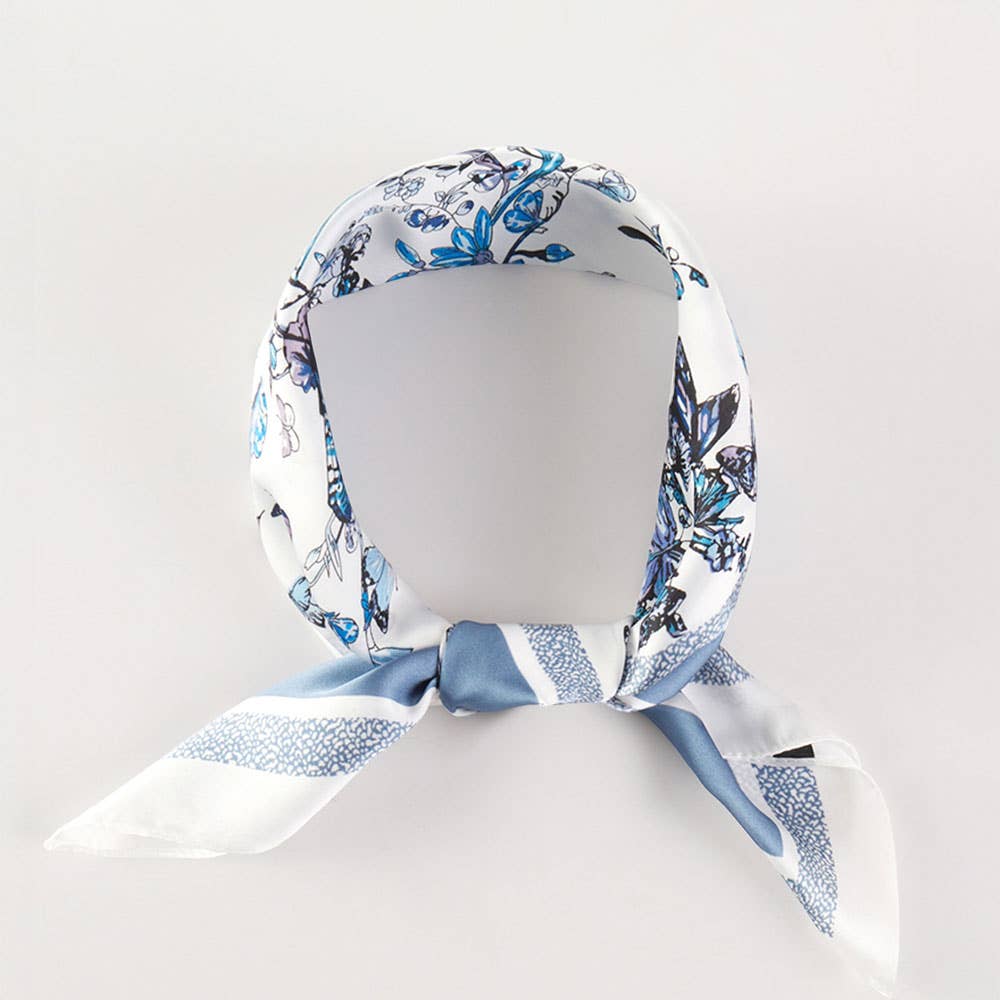Chinoiserie Butterfly Floral Pattern Printed Square Silky Satin Bandana Scarf: Olive Green