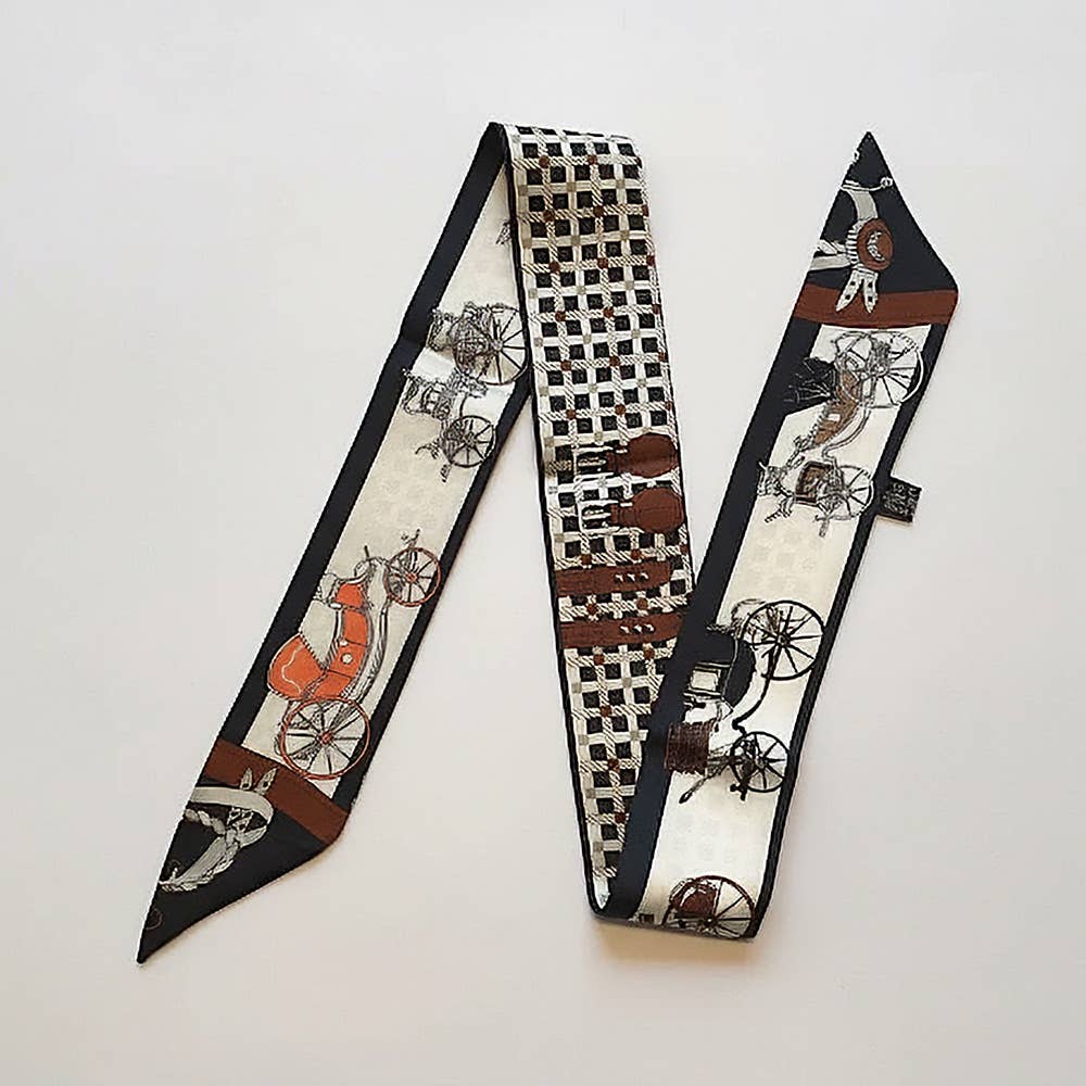 Vintage Carriage Pattern Printed Twilly Skinny Scarf: Orange
