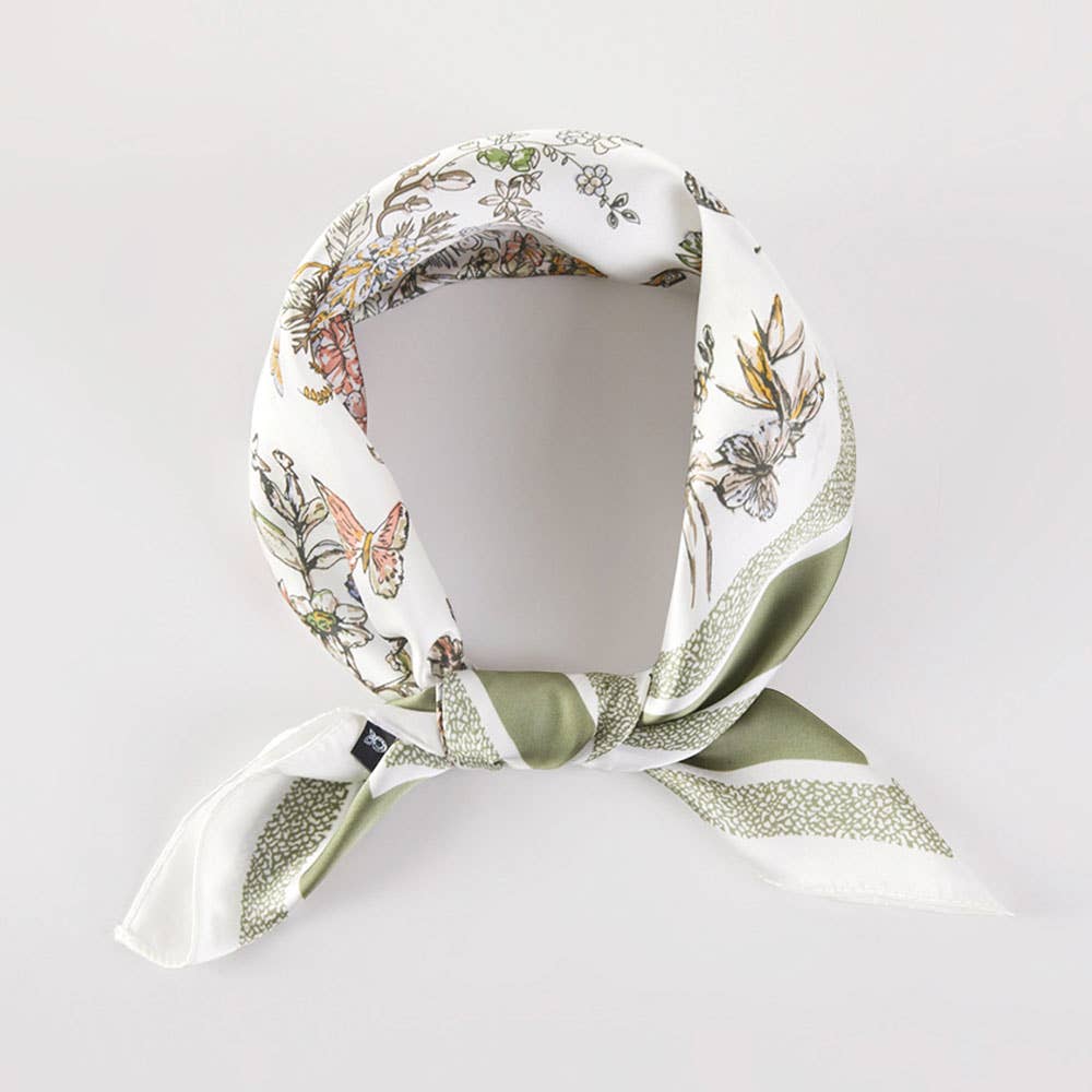 Chinoiserie Butterfly Floral Pattern Printed Square Silky Satin Bandana Scarf: Olive Green