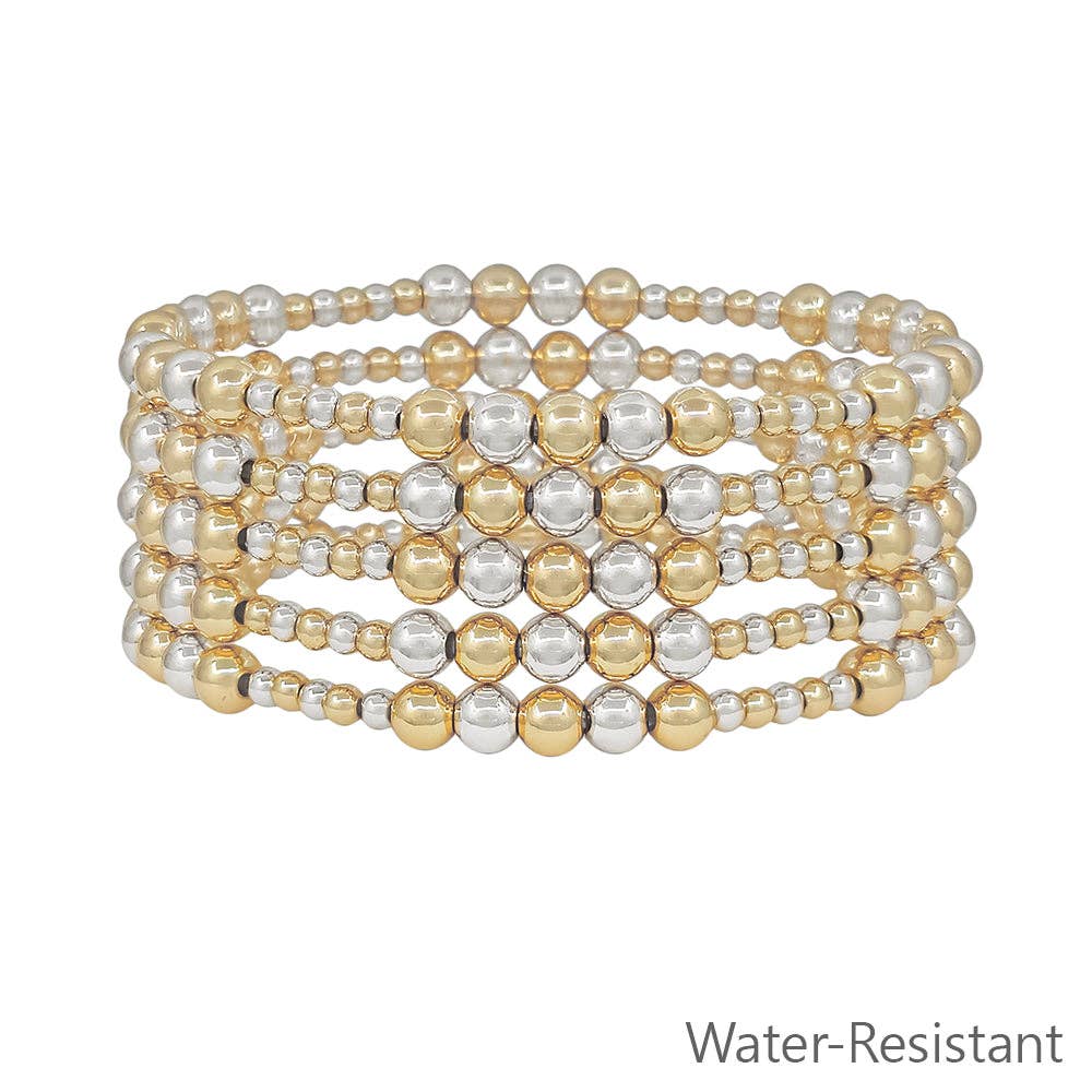 Set of 5 5MM & 3MM Beaded Silver and Gold Stretch Bracelet