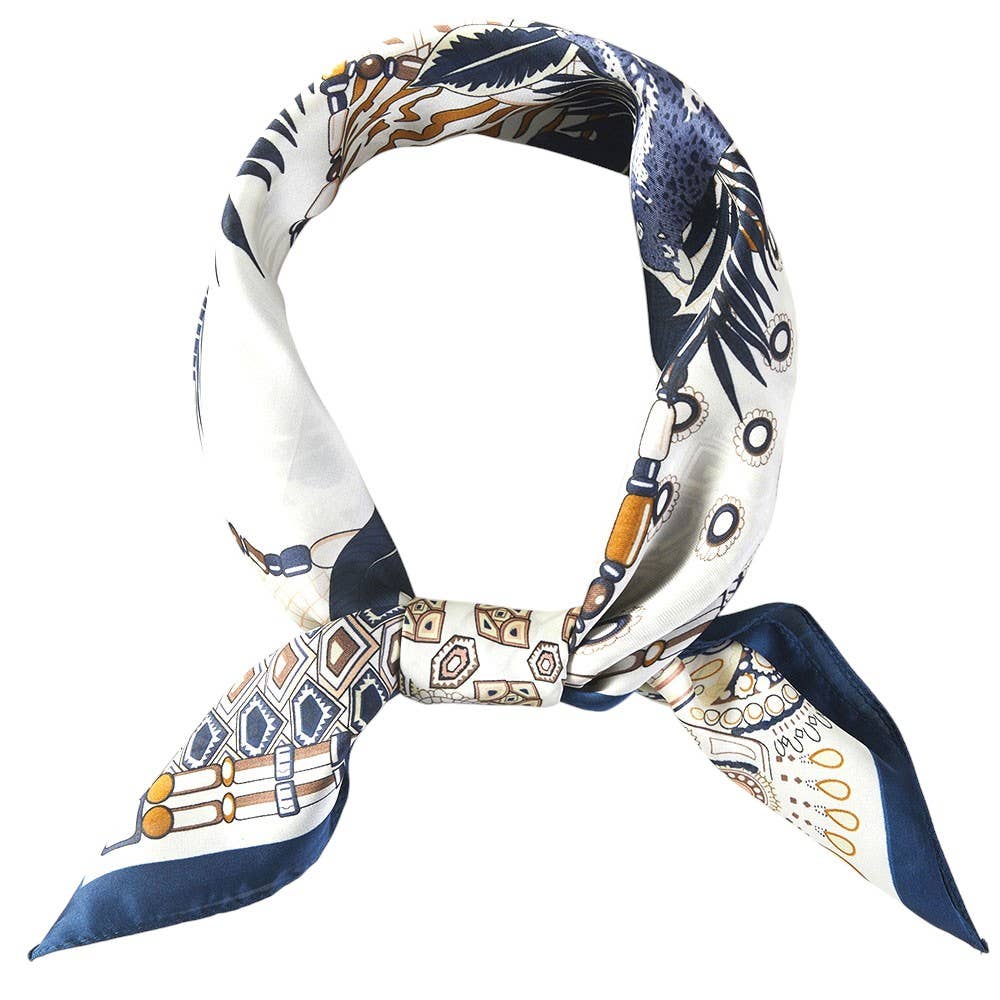 Abstract Tropical Palm Tree Leopard Pattern Printed Square Silky Satin Bandana Scarf: Navy