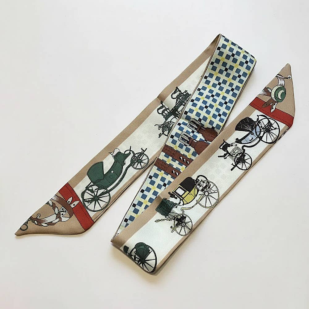Vintage Carriage Pattern Printed Twilly Skinny Scarf: Orange