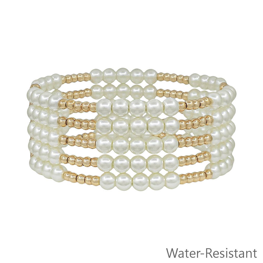 Beaded Pearl and Gold Stretch Bracelets Pack of 5