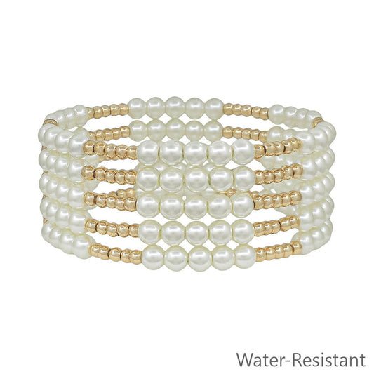 Beaded Pearl and Gold Stretch Bracelets Pack of 5