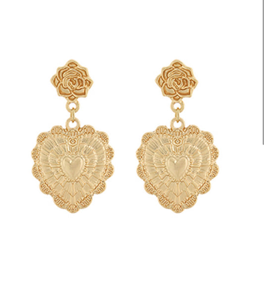 Textured Heart Flower Dangle Earrings