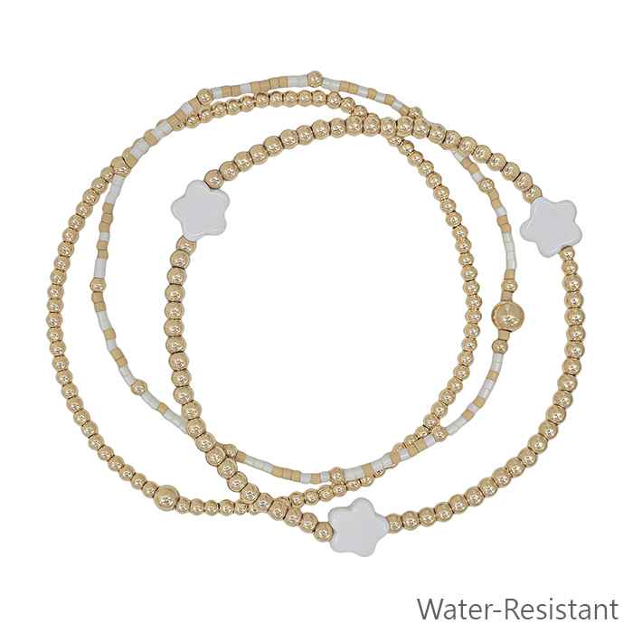Water Resistant Set of 3 Gold Beaded, White Seed Bead and Flower Stretch Bracelets