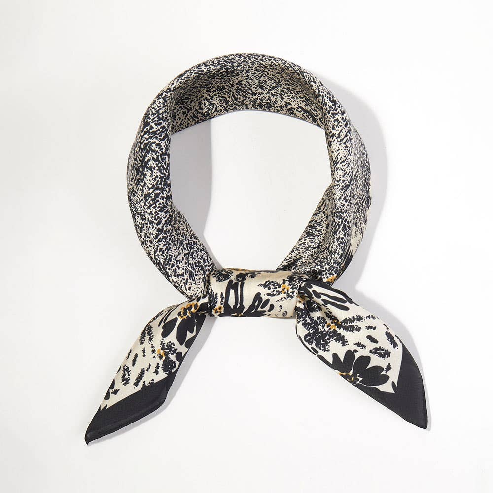 Abstract Floral Border Printed Square Silky Satin Bandana Scarf: Taupe