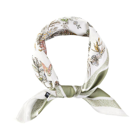Chinoiserie Butterfly Floral Pattern Printed Square Silky Satin Bandana Scarf: Olive Green