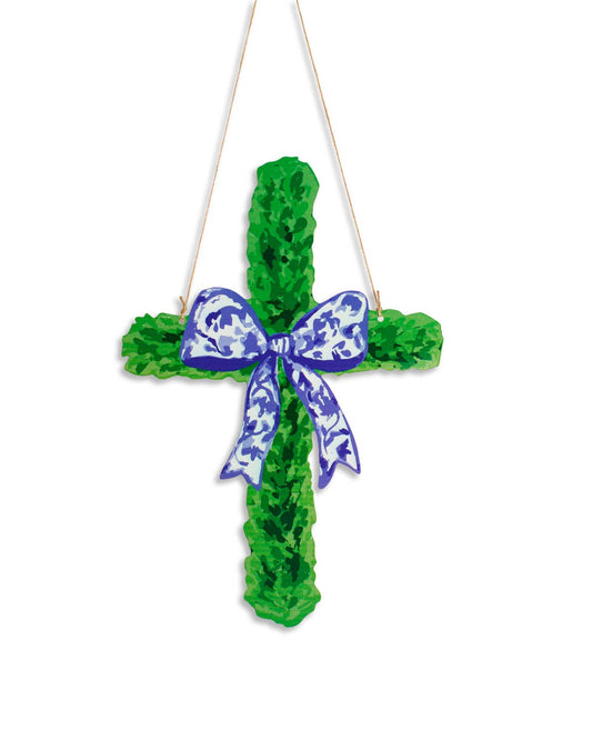 Boxwood Cross Door Hanger   Green/Blue   19.25x13.15