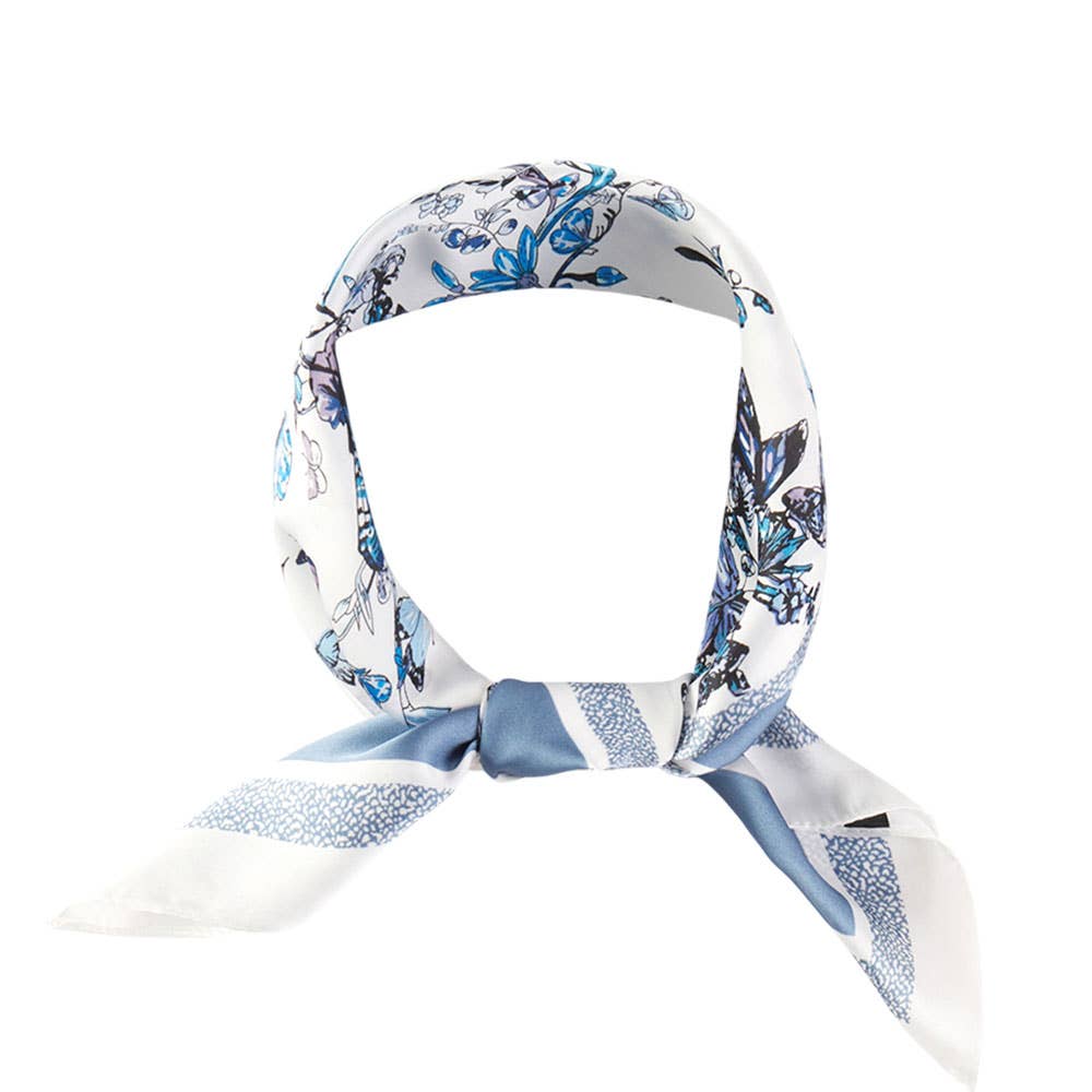 Chinoiserie Butterfly Floral Pattern Printed Square Silky Satin Bandana Scarf: Blue