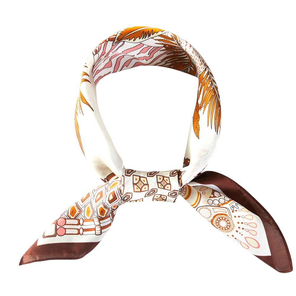 Abstract Tropical Palm Tree Leopard Pattern Printed Square Silky Satin Bandana Scarf: Navy