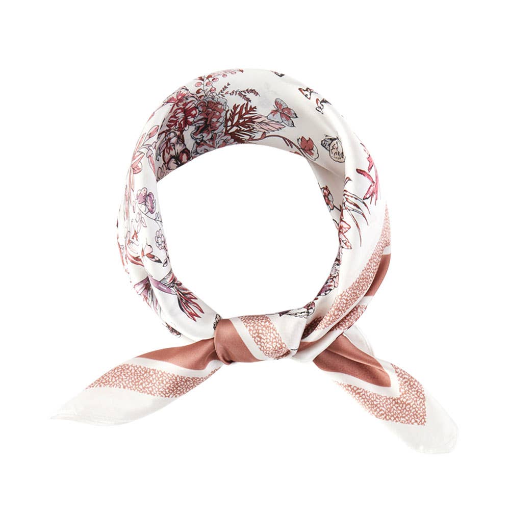 Chinoiserie Butterfly Floral Pattern Printed Square Silky Satin Bandana Scarf: Olive Green