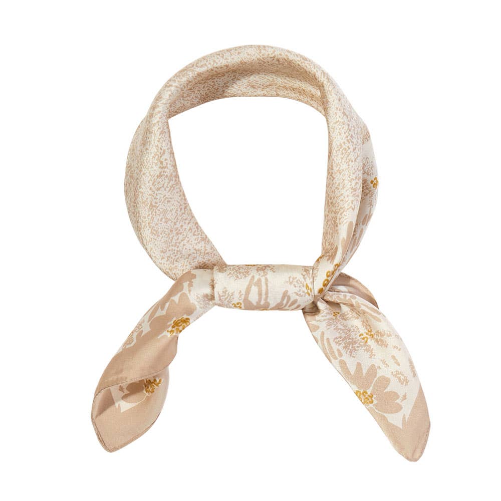 Abstract Floral Border Printed Square Silky Satin Bandana Scarf: Taupe
