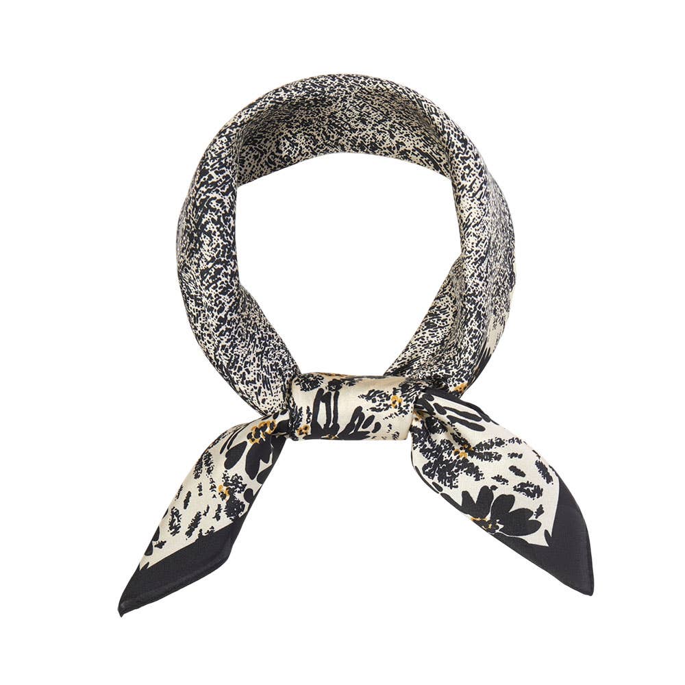 Abstract Floral Border Printed Square Silky Satin Bandana Scarf: Taupe