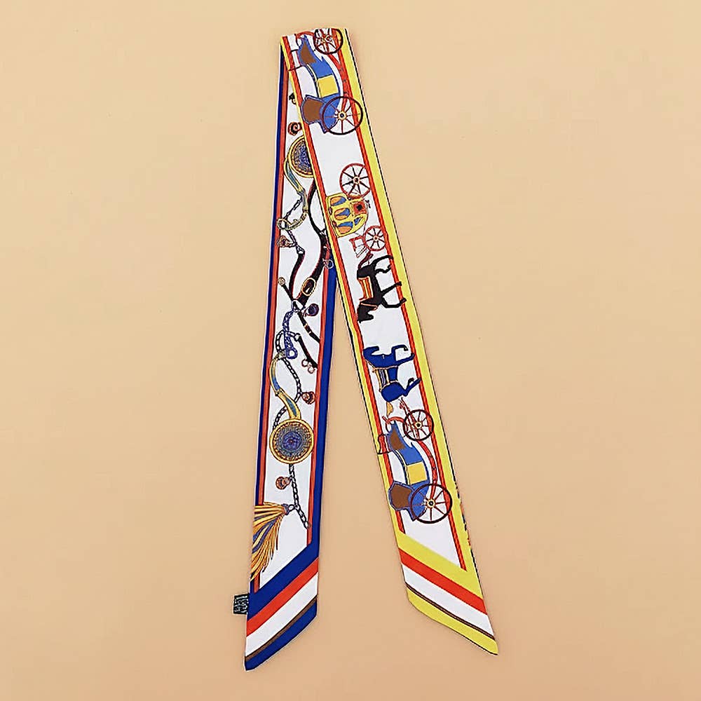 Vintage Carriage Pattern Printed Twilly Skinny Scarf: Blue,Light