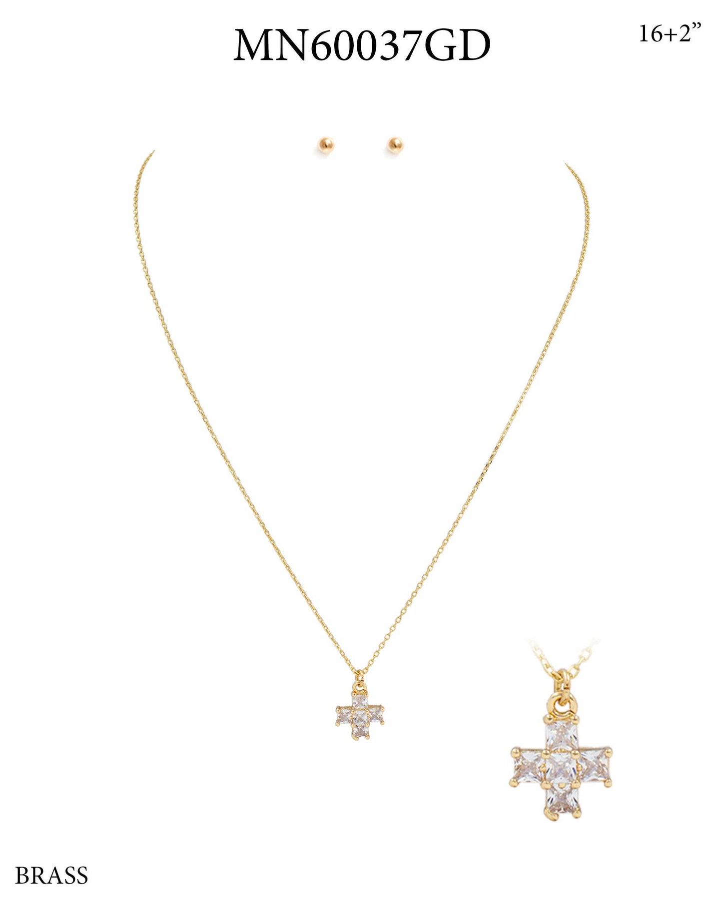 Gold Chain with Rhinestone Squared Cross 16"-18" Necklace