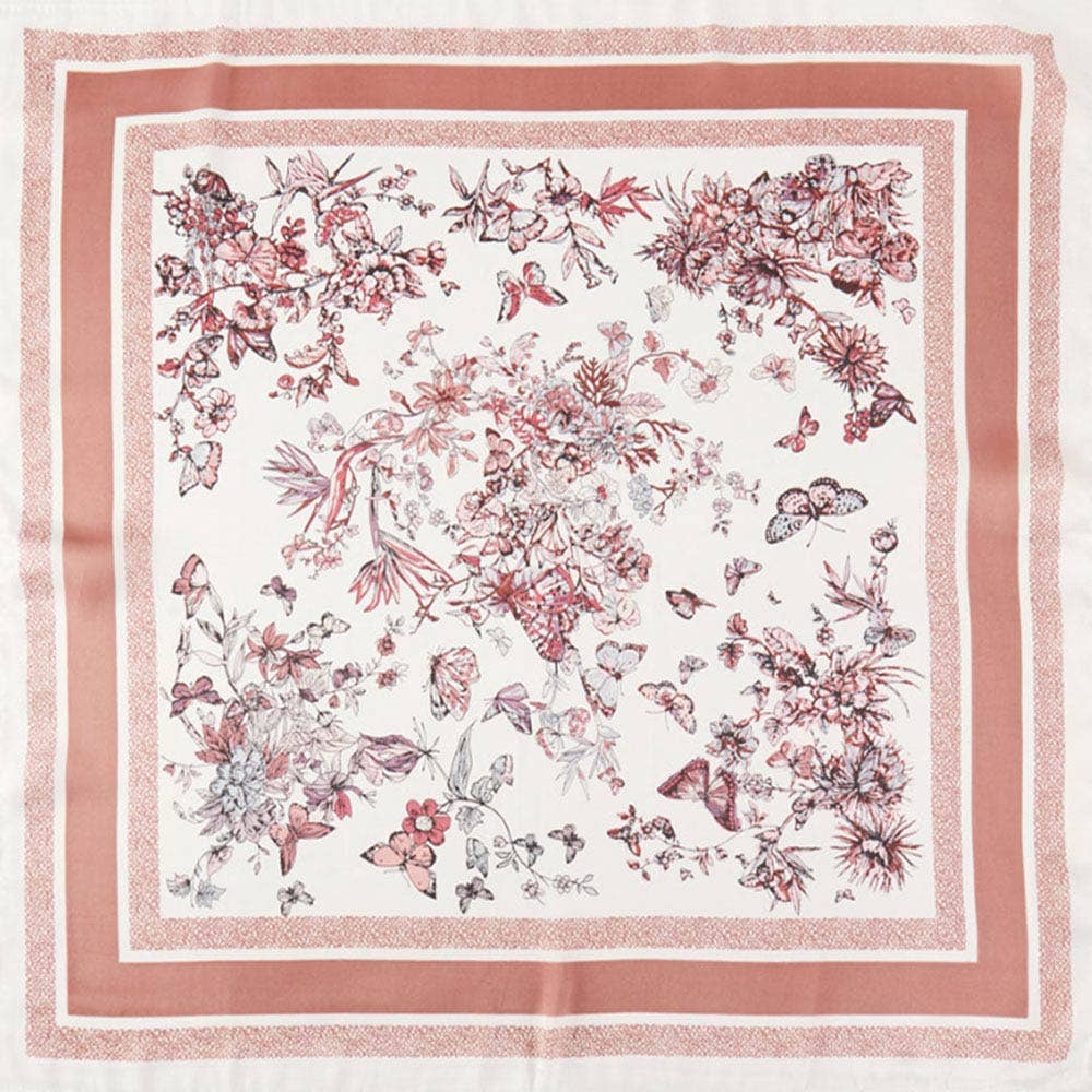 Chinoiserie Butterfly Floral Pattern Printed Square Silky Satin Bandana Scarf: Olive Green