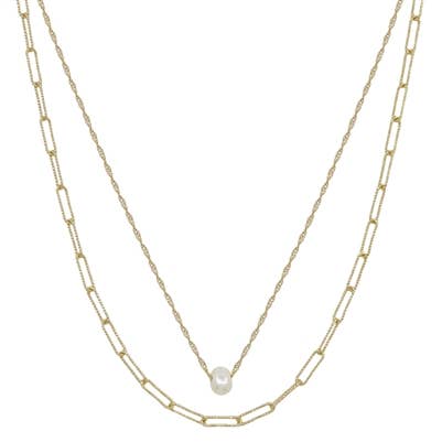 Gold Link Chain Layered w/ Single Freshwater Pearl Necklace