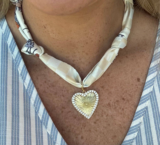 Cream and Blue Knotted Scarf Necklace with Detailed Heart Charm
