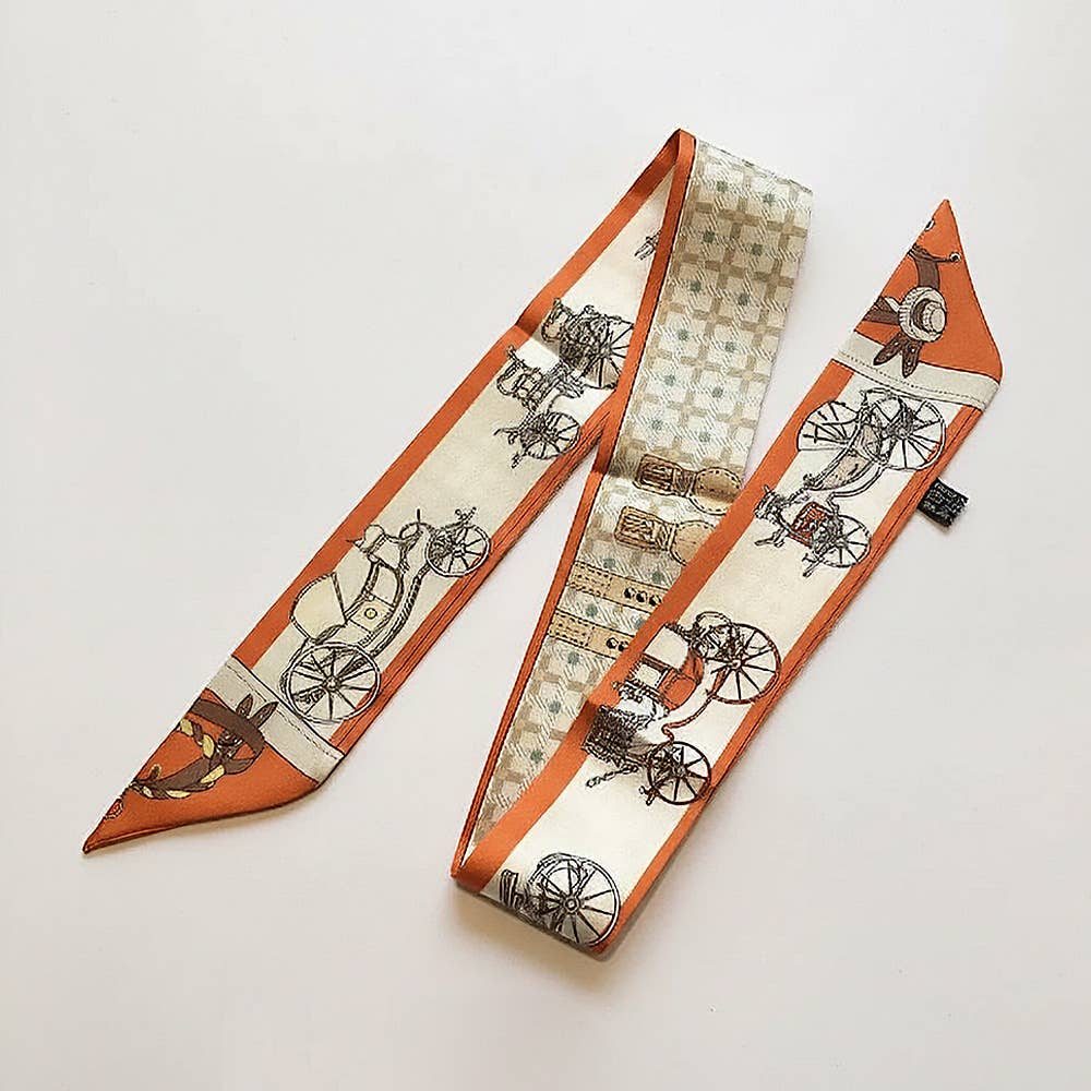 Vintage Carriage Pattern Printed Twilly Skinny Scarf: Orange