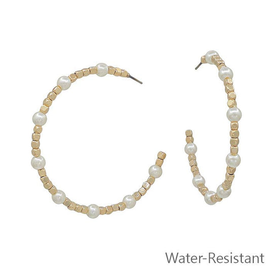 Water Resistant Gold Square Beaded and Pearl 2" Hoop Earring
