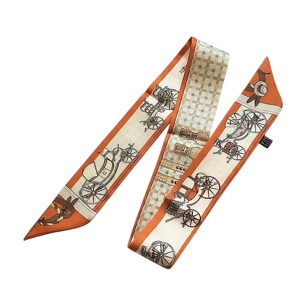 Vintage Carriage Pattern Printed Twilly Skinny Scarf: Orange