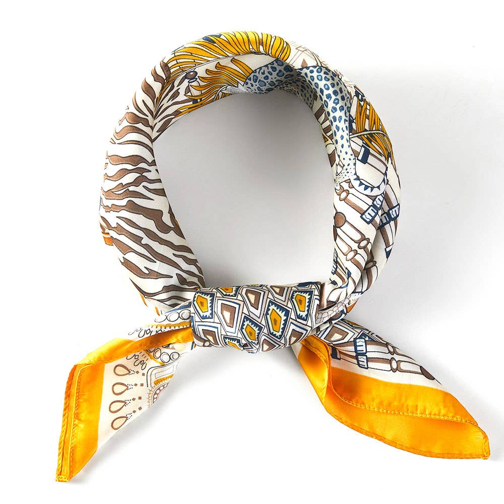 Abstract Tropical Palm Tree Leopard Pattern Printed Square Silky Satin Bandana Scarf: Navy