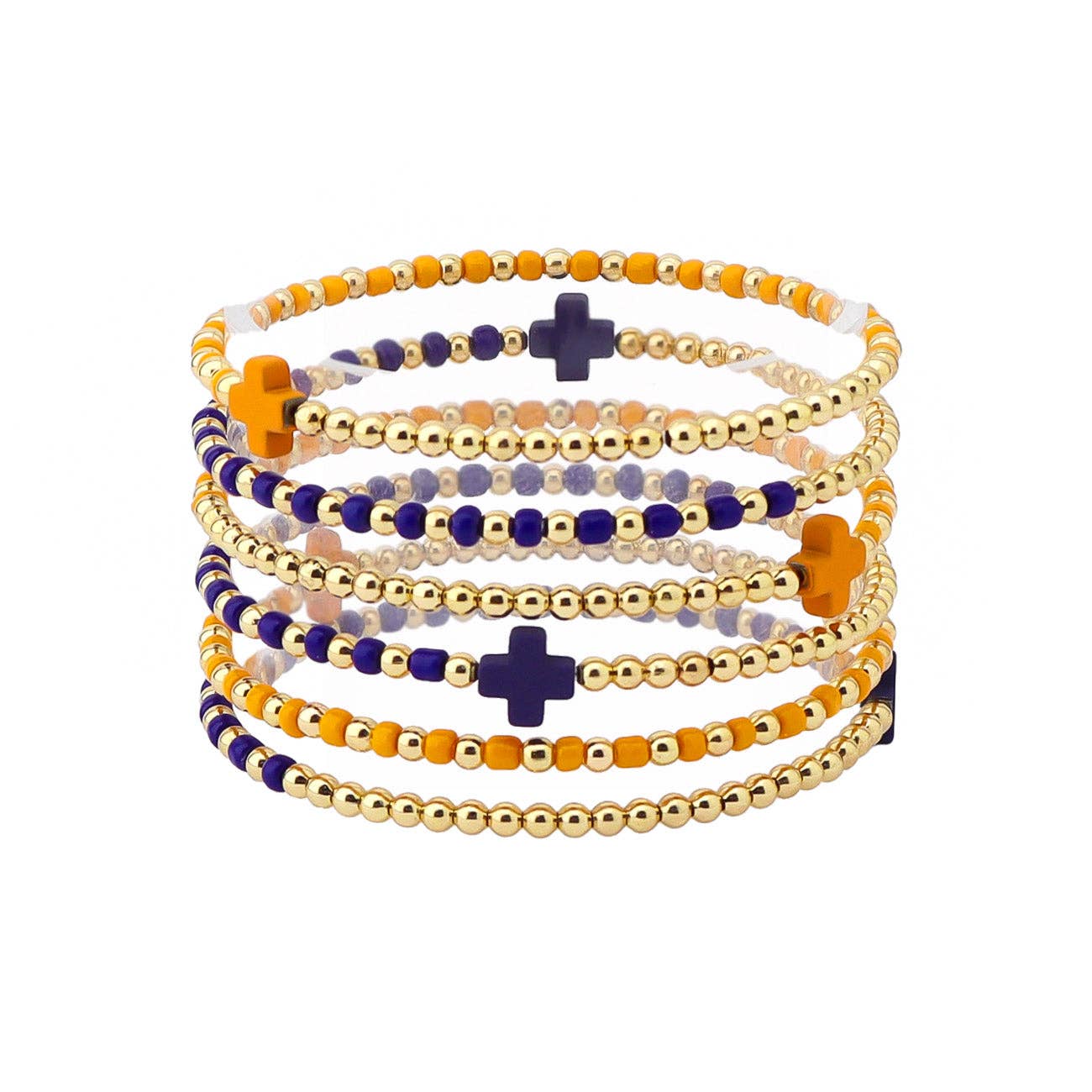 Gameday Set of 6 Orange and Navy Beaded Stretch Bracelets, Very Popular!