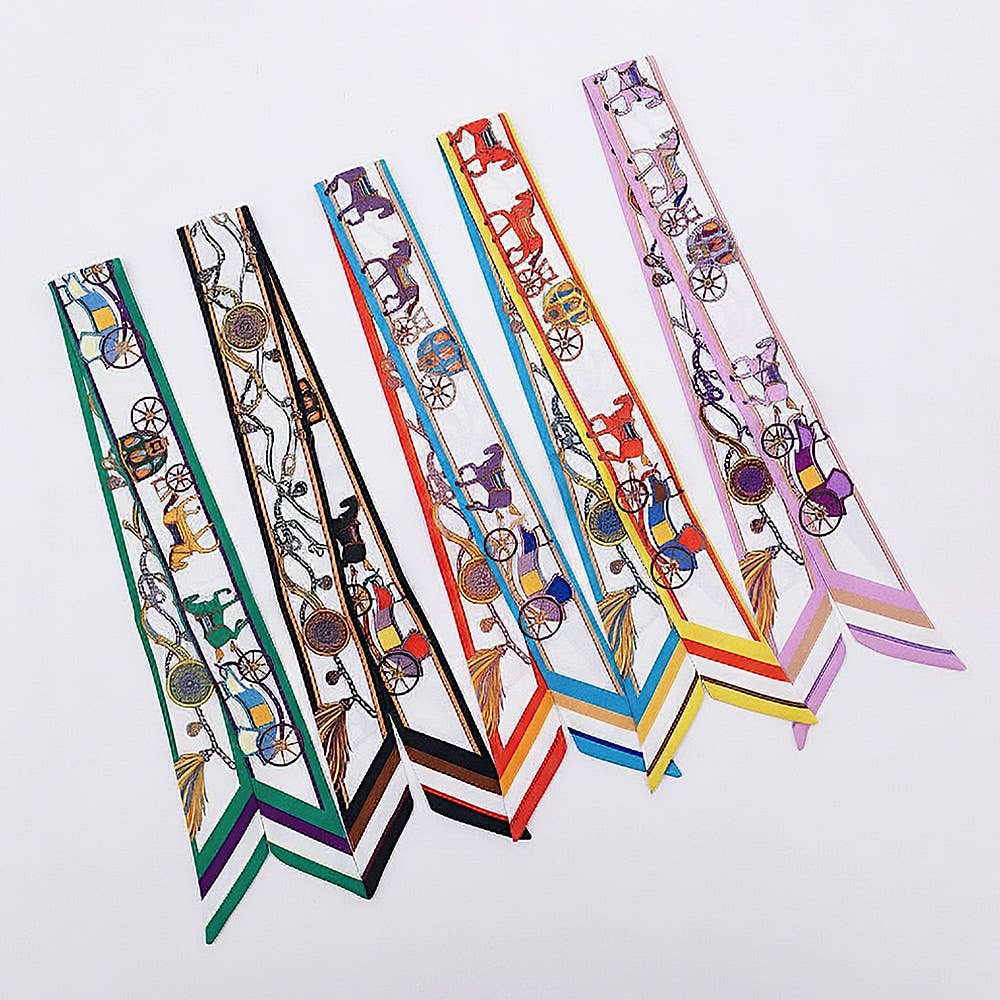Vintage Carriage Pattern Printed Twilly Skinny Scarf: Blue,Light