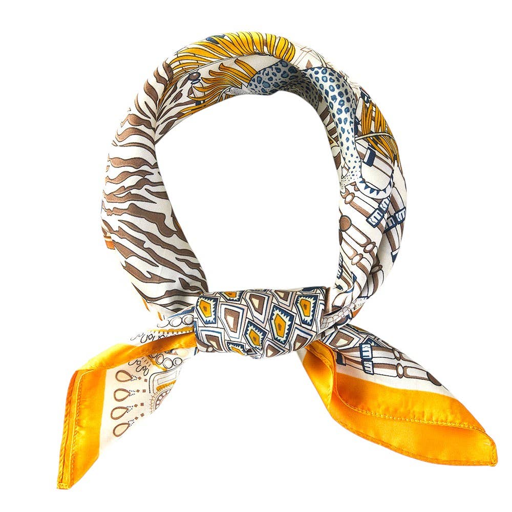 Abstract Tropical Palm Tree Leopard Pattern Printed Square Silky Satin Bandana Scarf: Navy