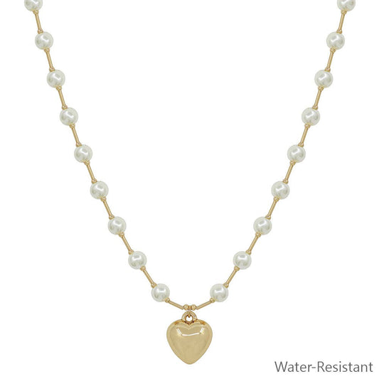 Water Resistant 6MM Pearl Beaded Chain with Puffy Heart 16"-18" Necklace