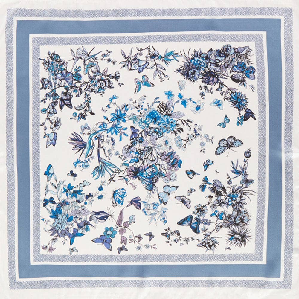 Chinoiserie Butterfly Floral Pattern Printed Square Silky Satin Bandana Scarf: Olive Green