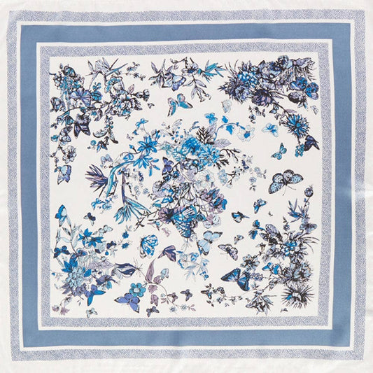 Chinoiserie Butterfly Floral Pattern Printed Square Silky Satin Bandana Scarf: Blue