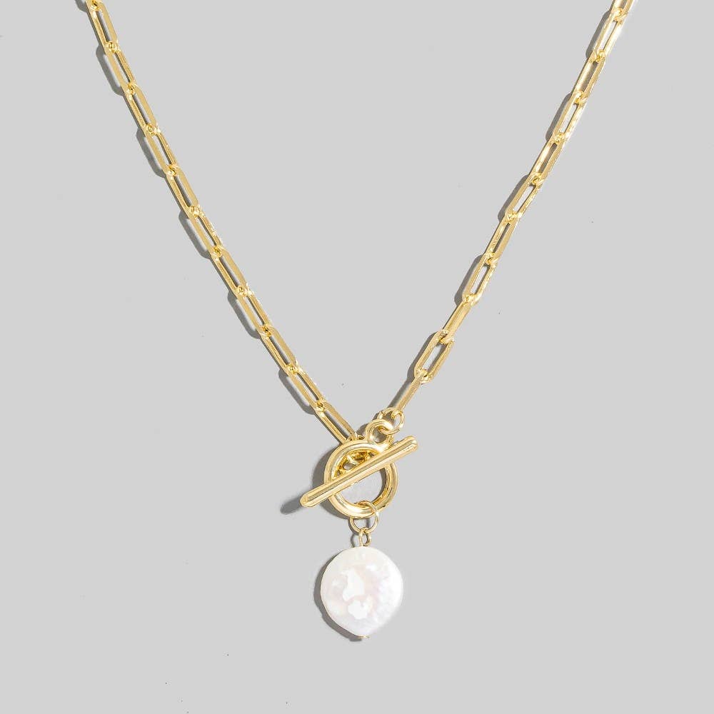 Toggle Chain Link Disc Pearl Charm Necklace
