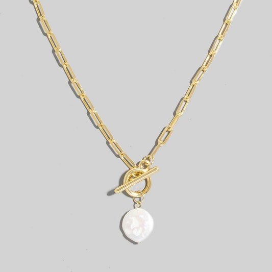 Toggle Chain Link Disc Pearl Charm Necklace