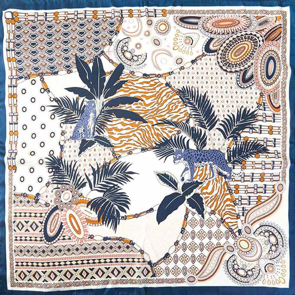 Abstract Tropical Palm Tree Leopard Pattern Printed Square Silky Satin Bandana Scarf: Navy