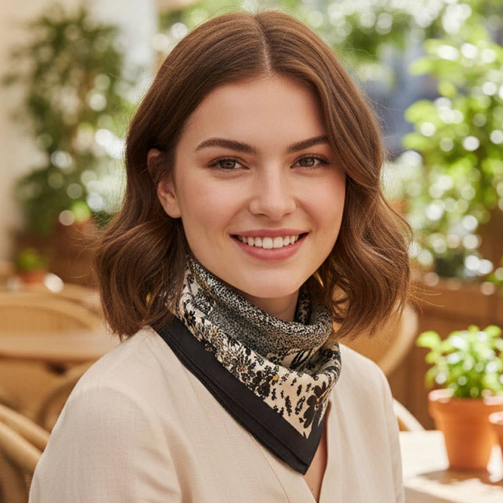 Abstract Floral Border Printed Square Silky Satin Bandana Scarf: Taupe