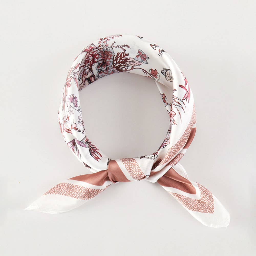 Chinoiserie Butterfly Floral Pattern Printed Square Silky Satin Bandana Scarf: Olive Green