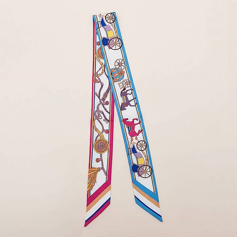 Vintage Carriage Pattern Printed Twilly Skinny Scarf: Blue,Light