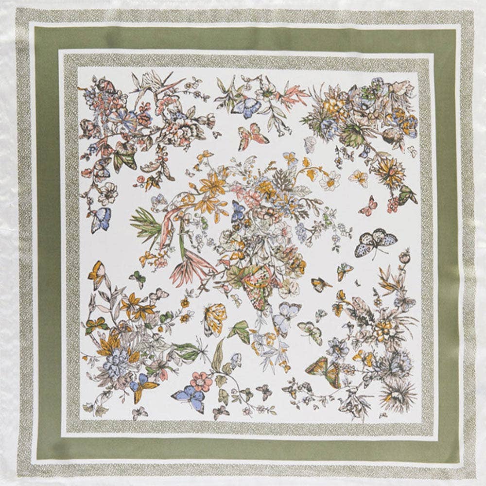 Chinoiserie Butterfly Floral Pattern Printed Square Silky Satin Bandana Scarf: Blue